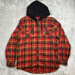 Buffalo David Bitton Mens XXL Hooded Flannel Shirt Red Orange Black Plaid Zip Up
